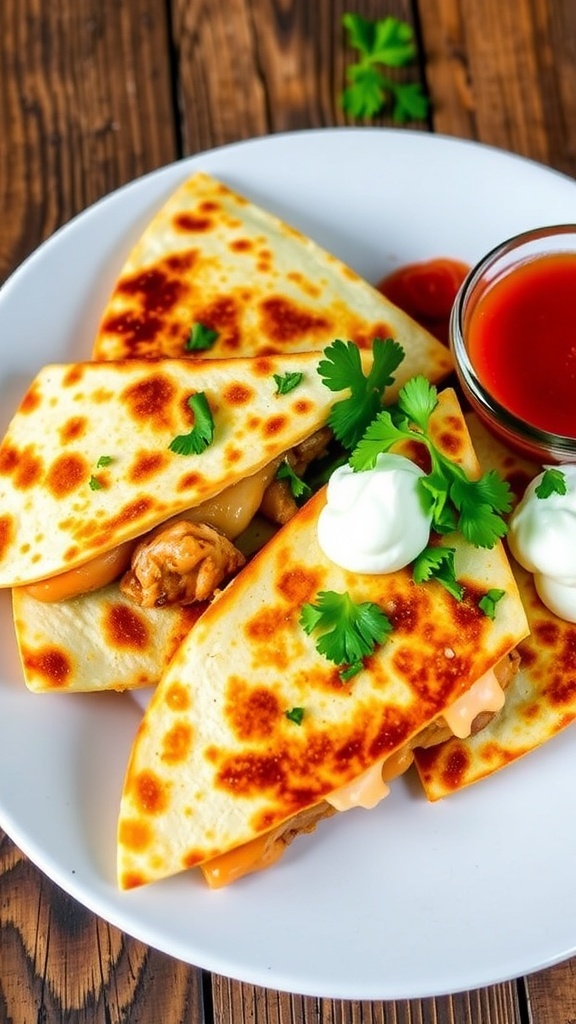 Golden chicken quesadillas cut into wedges, garnished with cilantro, served with sour cream and salsa.
